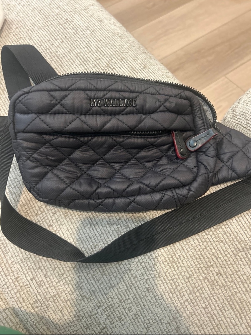 MZ Wallace Black Quilted Belt Bag with Red Trim Accent